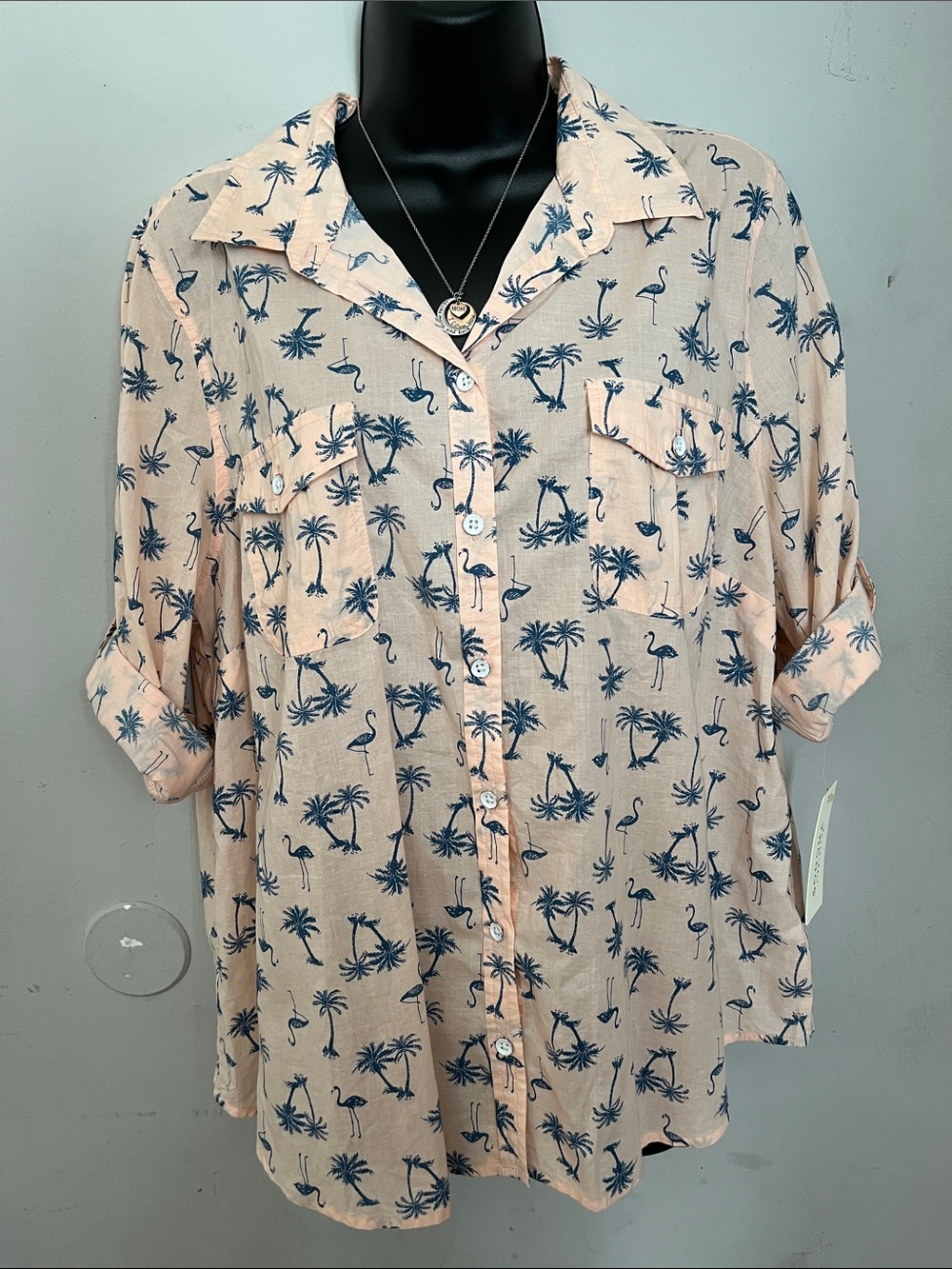 Peach Tropical Print Button-Down Shirt